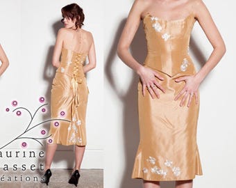 Short evening dress TULIPE OR strapless strapless S pale yellow taffeta with draped drapery and golden shiny tulle bow
