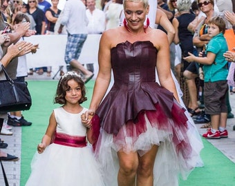 Women's wedding dress- Elegant Rock leather wedding dress - Boho Sleeveless trendy high-low wedding dress- Short front and long back