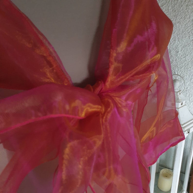 Bolero fuchsia roze, goudkleurige organza stola van polyester, strik aan de voorkant of omslag, 3/4 mouwen, grote sjaalkraag, one size afbeelding 2