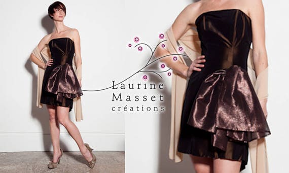 Short evening dress TULIPE OR strapless strapless S pale yellow taffeta with draped drapery and golden shiny tulle bow