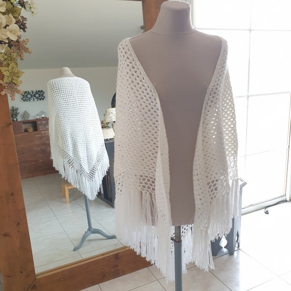 Grand châle de mariée en laine écru blanc cassé, … - image 4