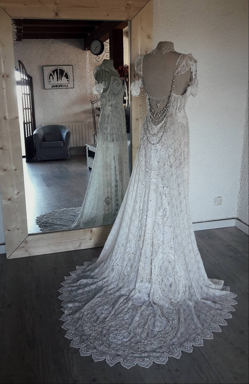 Unique Vintage Lace Wedding Dress -Women Wedding Dress- Fully Beaded Dress- Handmade Backless Lace Wedding Dress Unique Vintage Lace Wedding Dress -Women Wedding Dress- Fully Beaded Dress- Handmade Backless Lace Wedding Dress