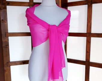 Large bridal stole in fuchsia pink silk chiffon, 180 x 44 cm, Laurine Masset