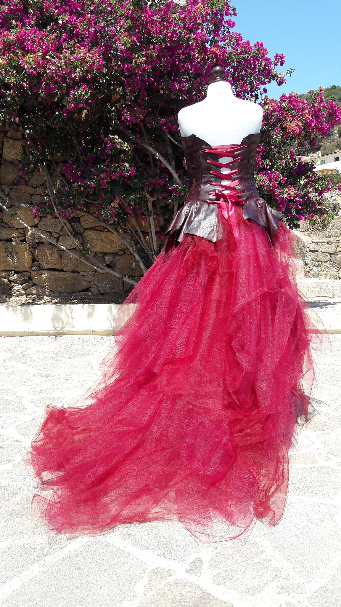 red leather wedding dress Wedding Dress, Leather Dress, Tailor-made, Bustier, Recycled Leather, Skirt, Tulle, Burgundy, Red, Wine, Punk, Rock, ETOILE / NIGHT