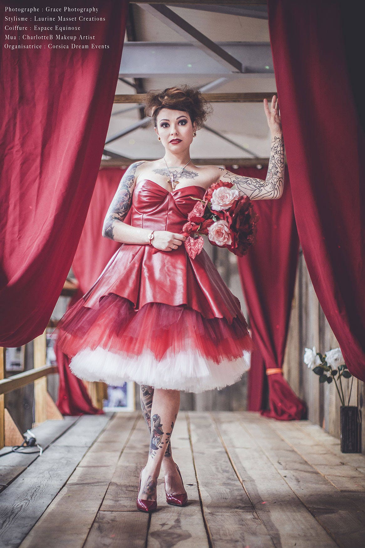 Wedding dress pinup evening gown leather tulle burgundy Etsy