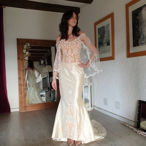 Wedding dress-Mermaid wedding dress-Strapless wedding dress-Lace wedding dress-Romantic lace dress-Ivory silk dress-Gift