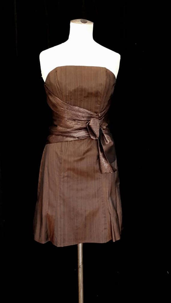 Short evening dress TULIPE OR strapless strapless S pale yellow taffeta with draped drapery and golden shiny tulle bow