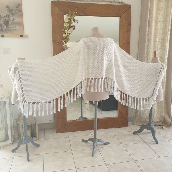 Etole Châle de mariée bohême en laine merinos tissé blanc cassé + lurex argent, vintage, franges sur 3 côtés, 220x60 cm, Laurine Masset #J26