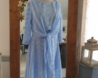 Ensemble de cérémonie 3 pièces, robe de mariage, mère de la mariée,  taille 44 XL mousseline bleu ciel jupe, top et bolero noué