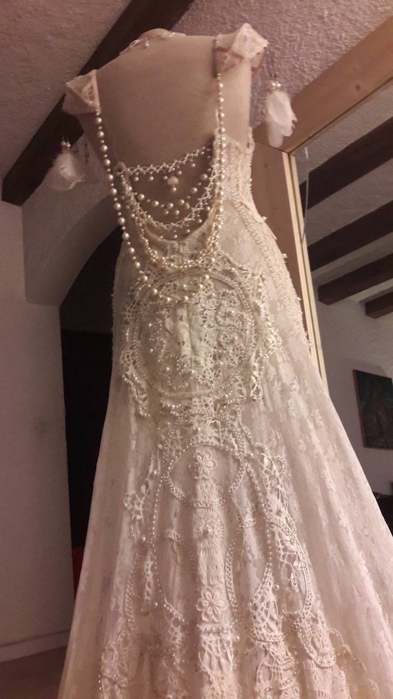 Wedding Dress, Vintage Lace, Corsican Lace, Antique, Fully Beaded, Bohemian, Glass, Crystal, Pearly, Seed Beads, Silver, M, EVE