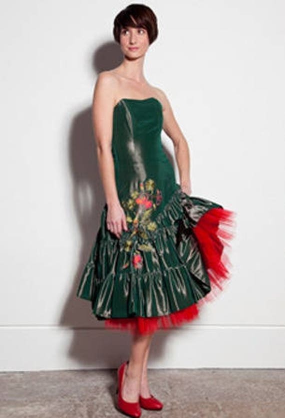 Cha-Cha Cocktail Dress, in Dark Green Changing Taffeta, Lined with A Red Tulle Ruffled Petticoat, Orange-Red Flower Embroidery, M