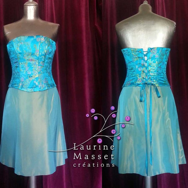 Robe de cocktail ou soirée, turquoise, bustier satin avec laçage dos et jupe taffetas doublure antistatique, taille M, DAMAS