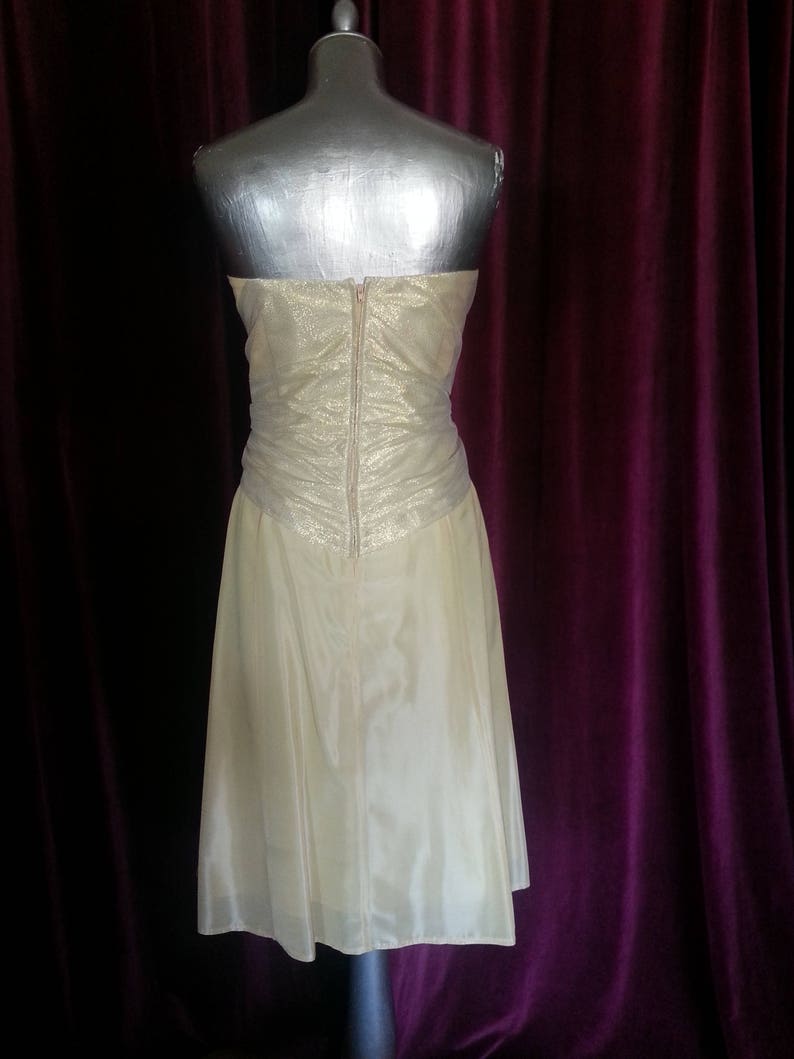 Short evening dress TULIPE OR strapless strapless S pale yellow taffeta with draped drapery and golden shiny tulle bow
