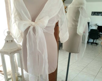 Bolero - ecru gebroken witte polyester organza stola, strik aan de voorkant of omslag, 3/4 mouwen, grote sjaalkraag, one size