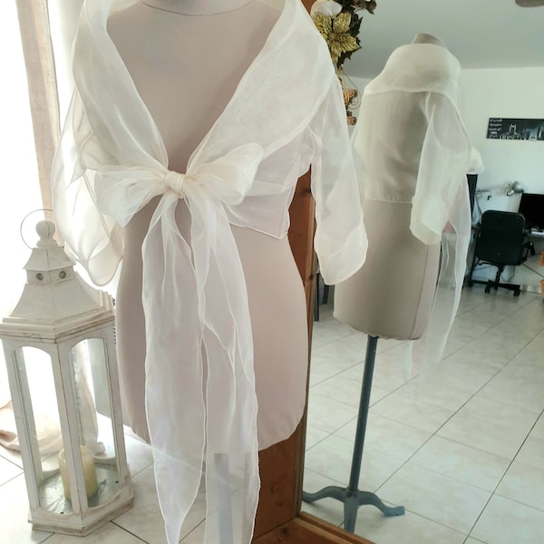 Bolero - ecru off-white polyester organza stole, bow in front, or wrap-around, 3/4 sleeves, large shawl collar, one size