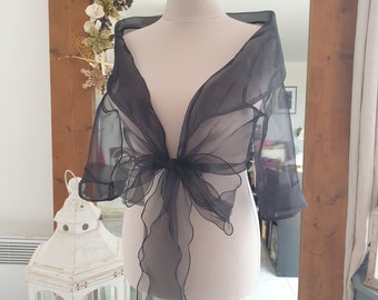 Bolero - polyester organza stole in your choice of color, bow at the front or wrap-around, 3/4 sleeves, large shawl collar, size M-L or XL-2XL