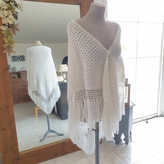 Grand châle de mariée en laine écru blanc cassé, … - image 3
