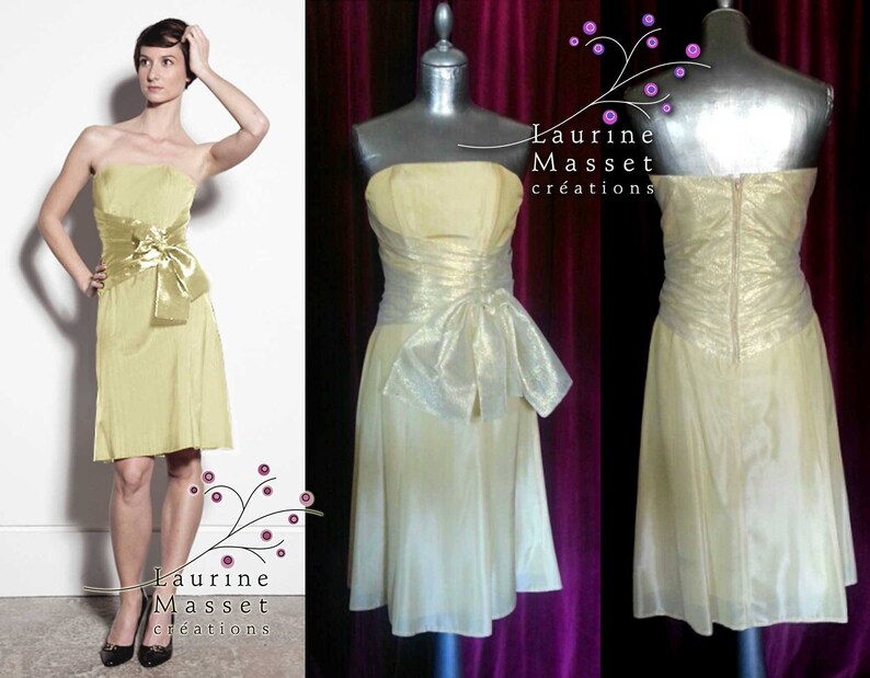 Short evening dress TULIPE OR strapless strapless S pale yellow taffeta with draped drapery and golden shiny tulle bow
