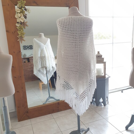 Grand châle de mariée en laine écru blanc cassé, … - image 2