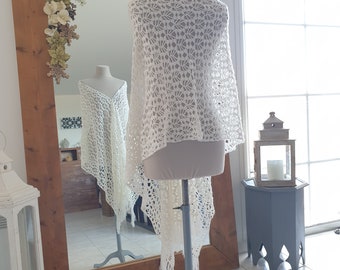 Etole Châle de mariée bohême en laine mohair blanc cassé, tricoté fait main au crochet, vintage, motif muguet, 230x50 cm, Laurine Masset #25
