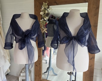 Midnight blue polyester organza bolero - stole, front knot, or wrap-around, 3/4 sleeves, large shawl collar, size M/L or XL/2XL