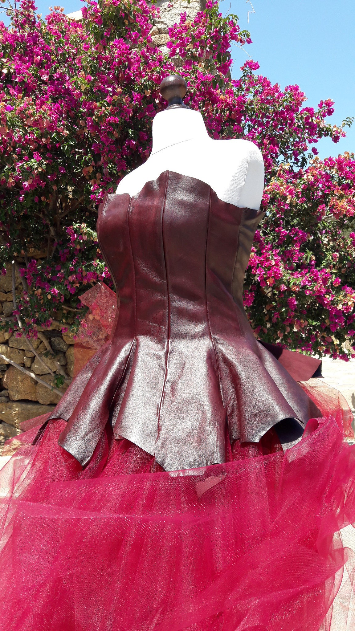 Elegance recycled leather women's wedding dress -red and burgundy sleeveless wedding dress -sustainable wedding dress -gift