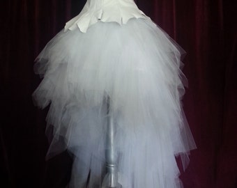 White wedding dress, recycled leather, custom made, leather patchwork, rock n'roll, punk, short dress in front long in the back, ETOILE NEIGE