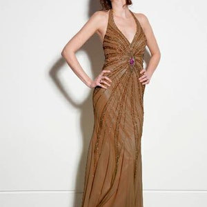 Backless Evening Dress in Beaded Chiffon, Beige Gradient, Stretchy, 40/L
