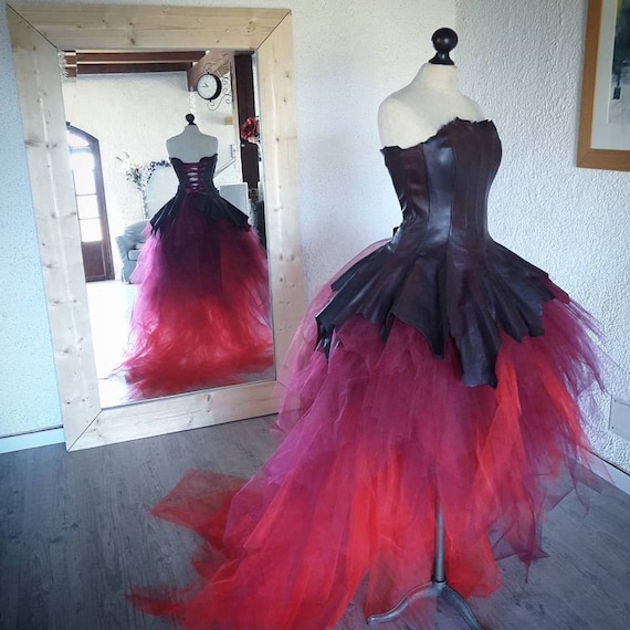 Elegance recycled leather women's wedding dress -red and burgundy sleeveless wedding dress -sustainable wedding dress -gift