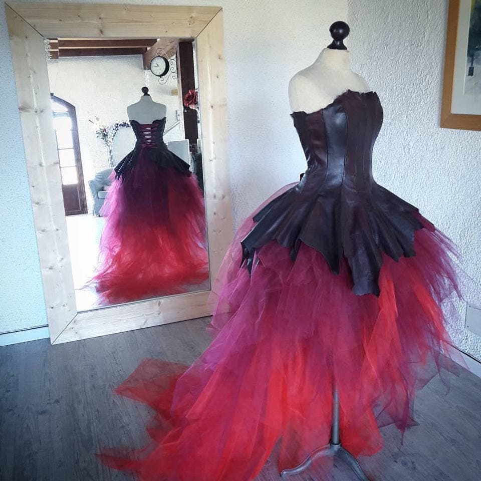 red leather wedding dress Breana Red Wedding Dress, Red A-Line Wedding Dress, Gothic Wedding Dress, Halloween Wedding Dress, V neckline Red Wedding Dress, Red Ballgown