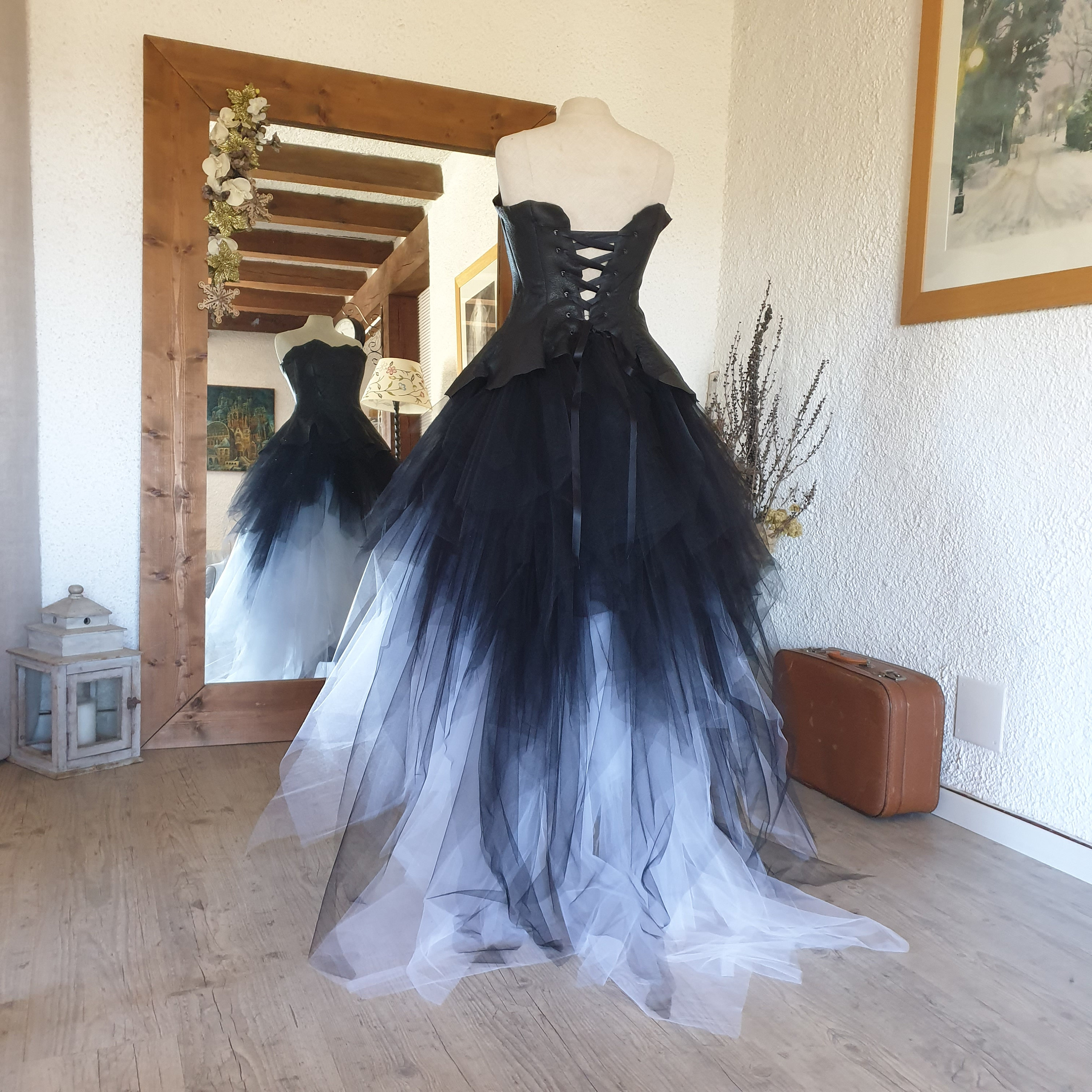wedding dress-Leather wedding dress-Strapless wedding dress- Tulle skirt-Black sleeveless dress- Edgy wedding outfit-Unique leather dress