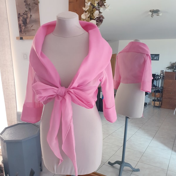 Boléro - étole en mousseline polyester rose, nœud devant, ou en cache-cœur, manches 3/4, grand col châle,  taille unique