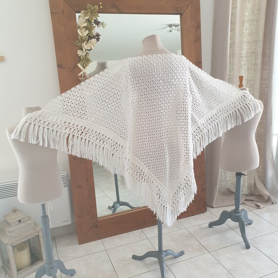 Châle Vintage Femme En Laine - Motif Bleu Et Blanc - Écharpe D'occasion