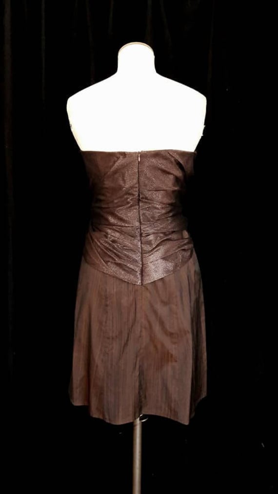 Short Brown Evening Dress, Strapless, Bustier, in Chocolate Crinkled Changing Taffeta, with Draping and Shiny Copper Bow, M, Tulipe