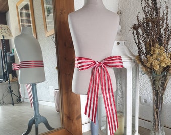 Belt in organza ivory and striped red satin, knot behind, size child 6-8 years, 200x 6cm approx.