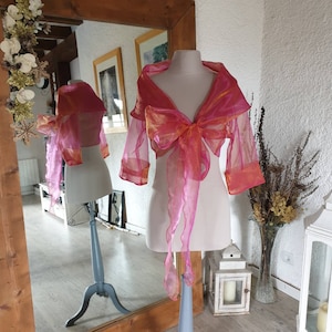 Bolero - stole in fuchsia pink, gold, changing polyester organza, bow in front, or wrap-around, 3/4 sleeves, large shawl collar, M/L or XL/2XL