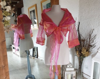 Bolero - stole in fuchsia pink, gold, changing polyester organza, bow in front, or wrap-around, 3/4 sleeves, large shawl collar, M/L or XL/2XL