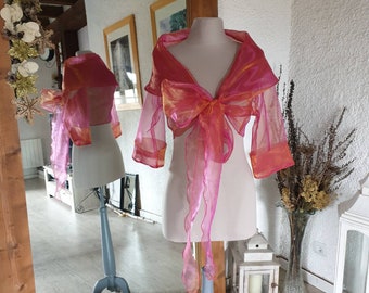 Bolero - stole in changing fushia pink or gold polyester organza, bow in front, or wraparound, 3/4 sleeves, large shawl collar, one size