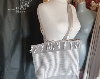Beach bag, tote bag, medium grey cotton canvas, shiny silver striped, 47x39cm