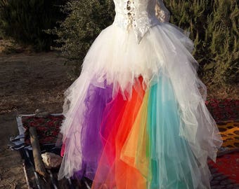 Robe de mariee RAINBOW arc en ciel bustier asymetrique satin dentelle blanc argent tulle couleur court devant traine ajustable Etsy France