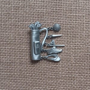 Vintage Pewter Golf Charm Brooch Signed JJ, Jonette Jewelry Silver Tone Metal Golfering Pin Brooch Lapel, Dangling Charm Golfers Brooch Pin