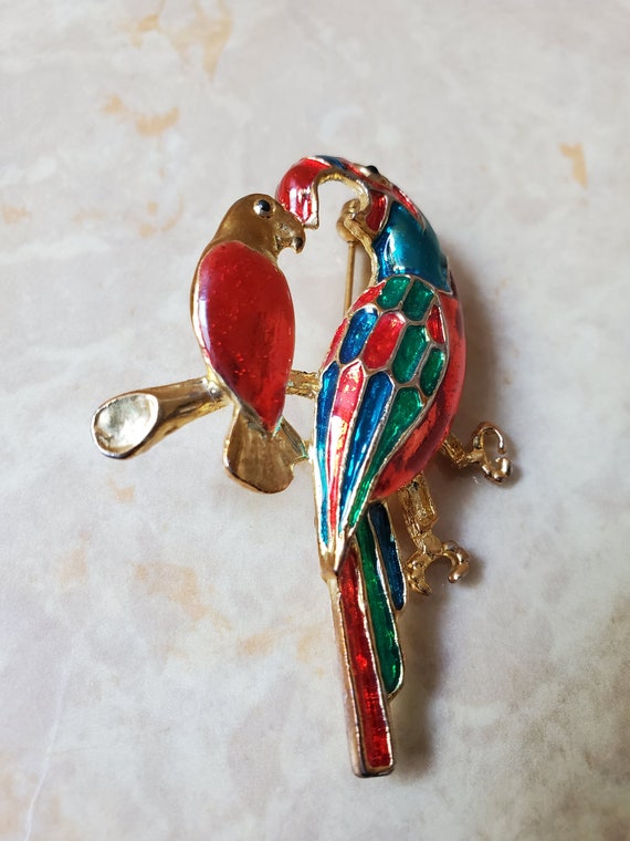 Vintage Parrot Brooch, Multi-Color Enamel & Gold … - image 3