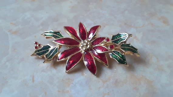 Vintage Poinsettia and Holly Gold Tone Metal & En… - image 3