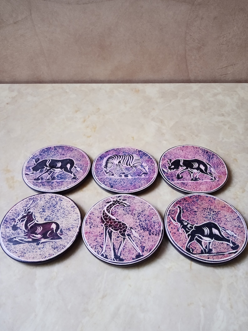 7 Piece Stone Coaster Set African Table Decor Hand Carved Stone African Safari Animal Coasters with Holder MultiColor Safari Animal Decor