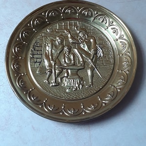 Vintage Brass Wall Plaque Made in England, Stamped Brass English Wall Hanging, MCM Embossed Brass Decorative Plate, Metalware, Brassware