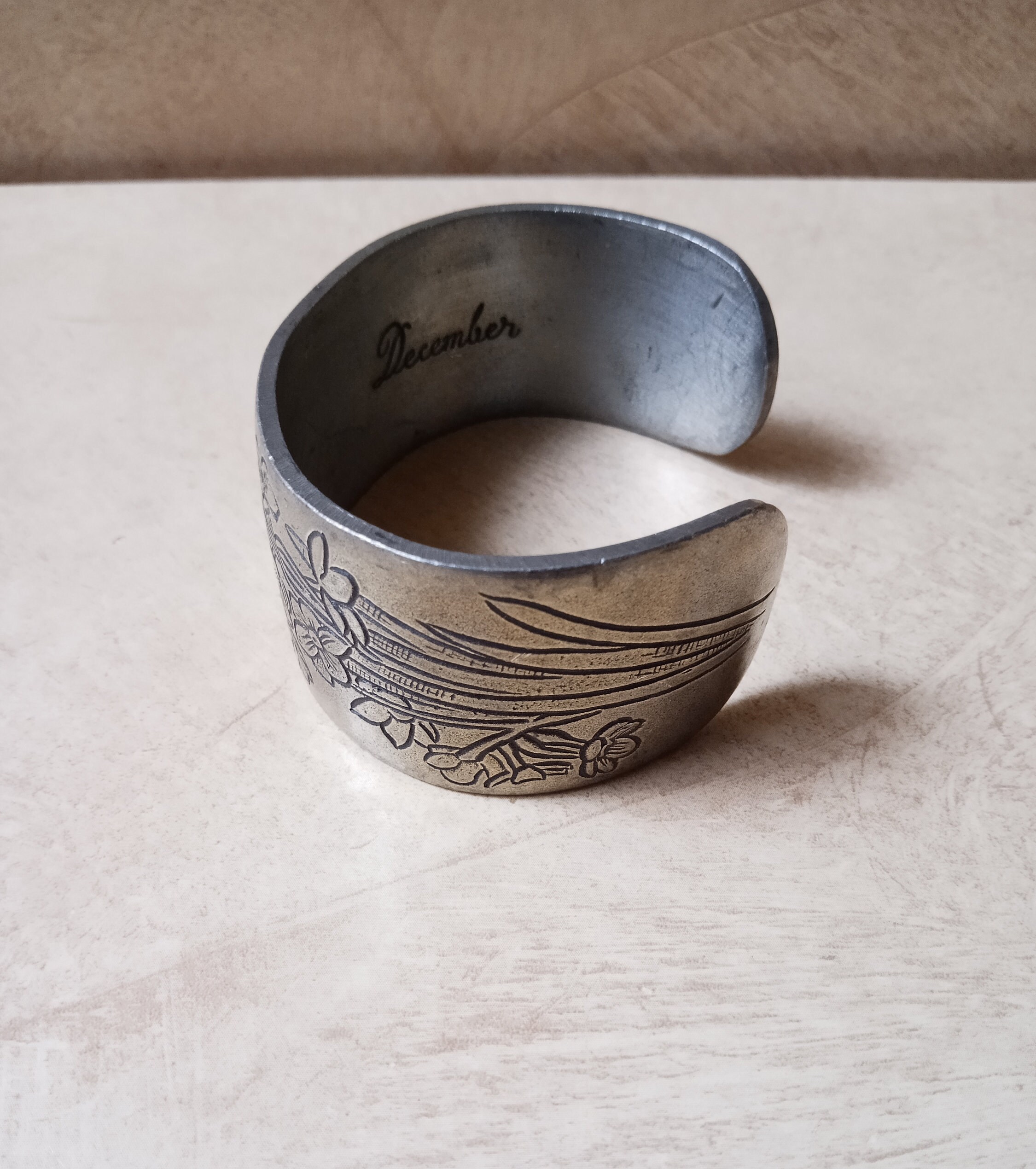 December Salisbury Pewter Cuff Bracelet Vintage Carved Flower Etsy