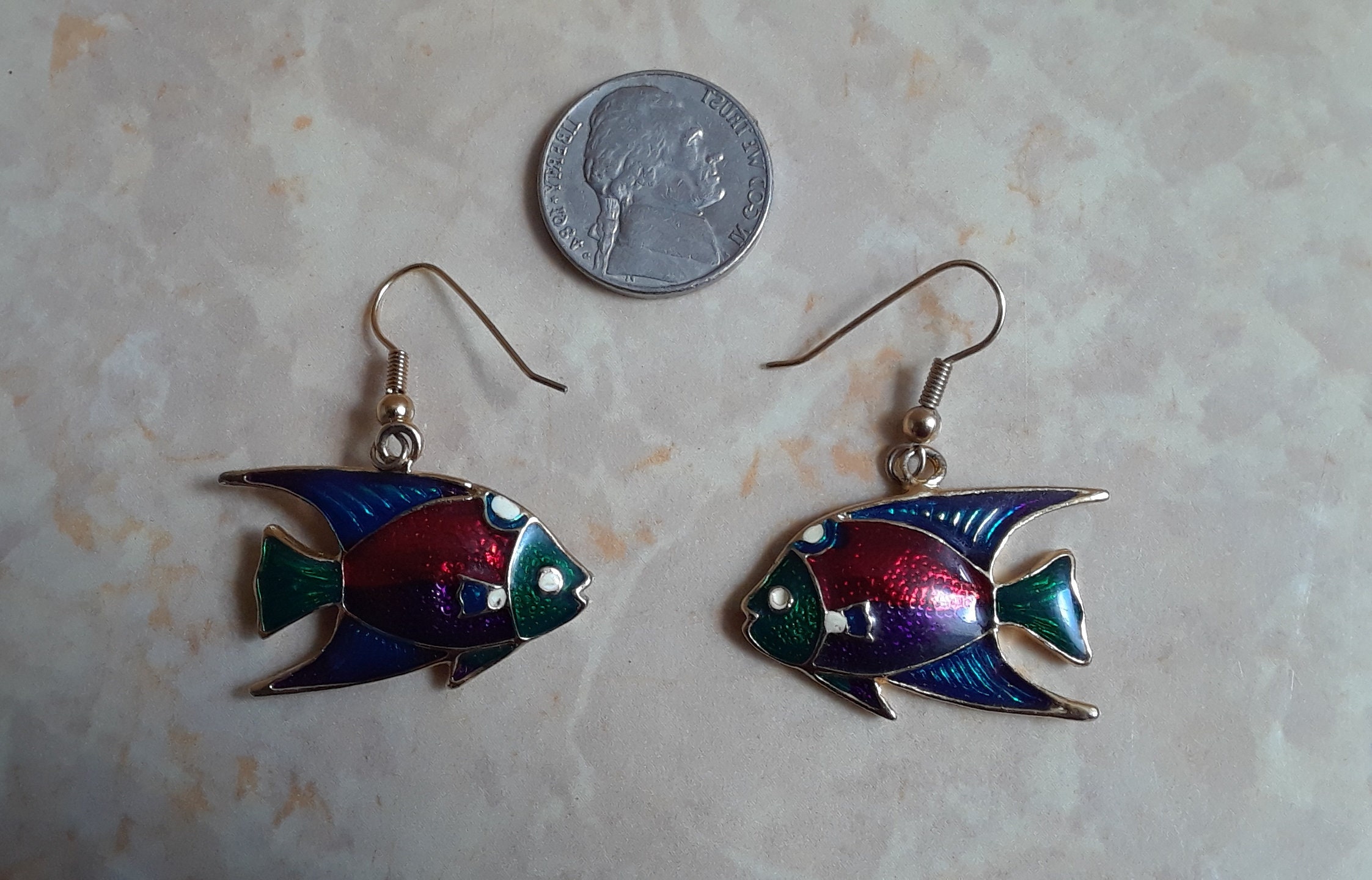 Vintage Multi Color Fish Earrings, Gold Tone Metal and Enamel Fish Earrings, Sea Animal Jewelry ...