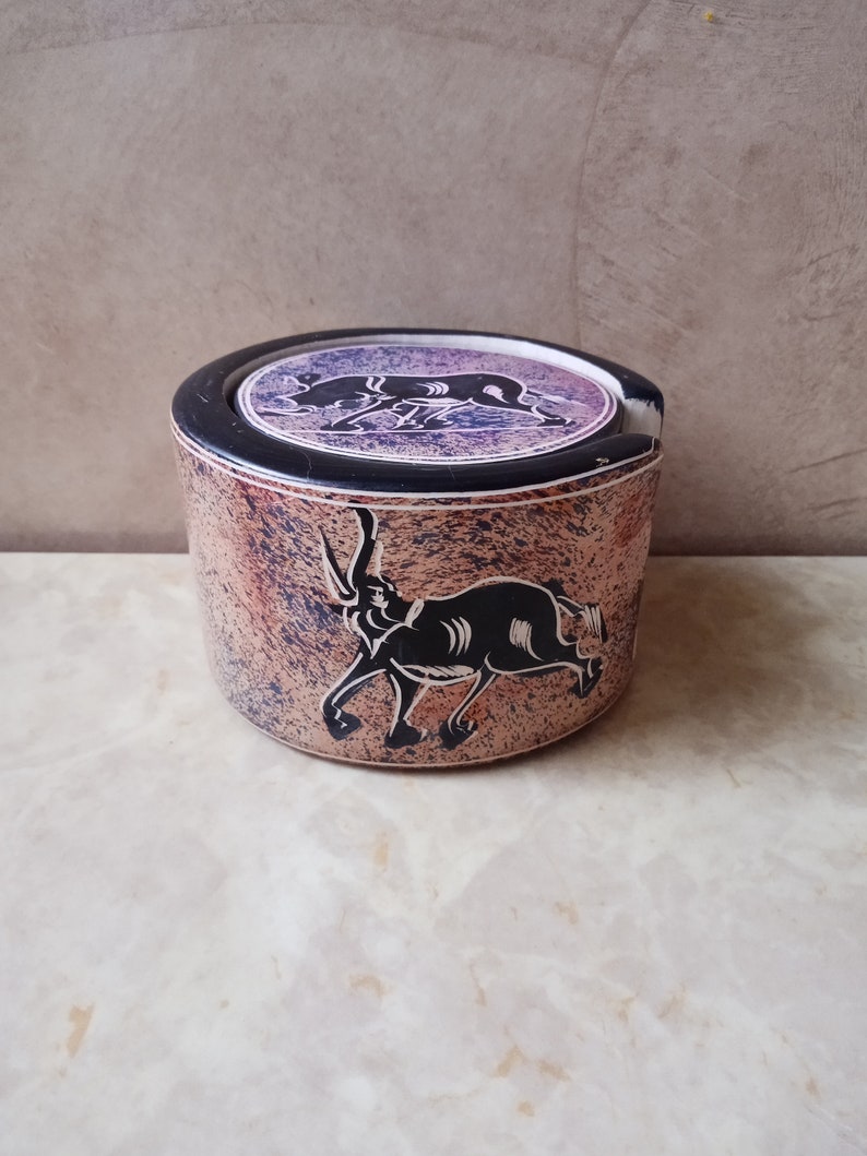 7 Piece Stone Coaster Set African Table Decor Hand Carved Stone African Safari Animal Coasters with Holder MultiColor Safari Animal Decor