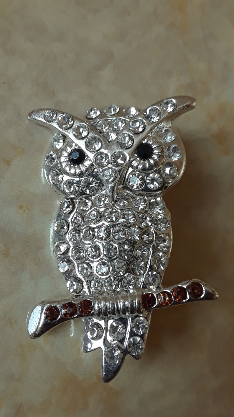 Silver Tone Metal And Crystal Owl Brooch Pin Lapel Owl Pin With Etsy