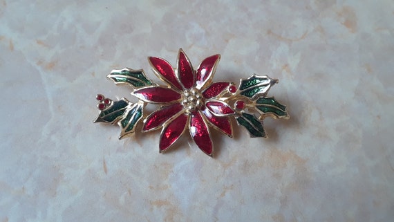 Vintage Poinsettia and Holly Gold Tone Metal & En… - image 1